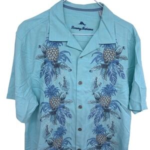 Tommy Bahama 100% Silk Camp Collar Shirt Medium Embroidered Pineapple Blue Mens‎
